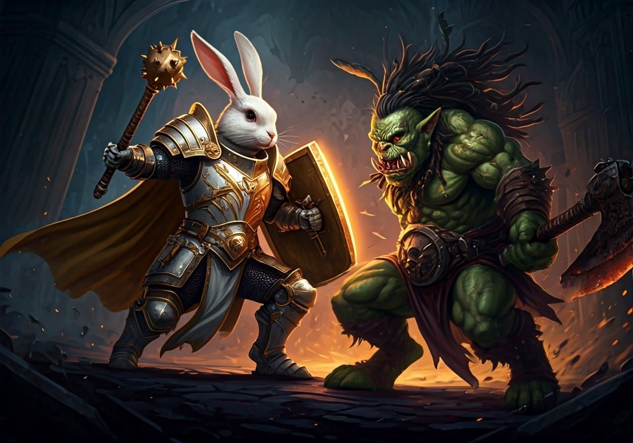 Rabbit Paladin vs Orc: Dark Fantasy Battle