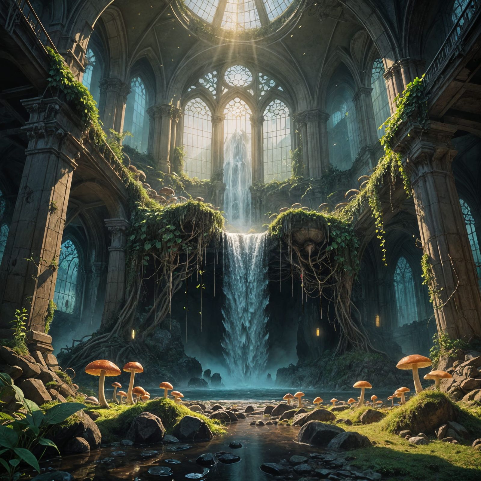 Cathedral Waterfall: Surreal Ghibli-Inspired Fantasy