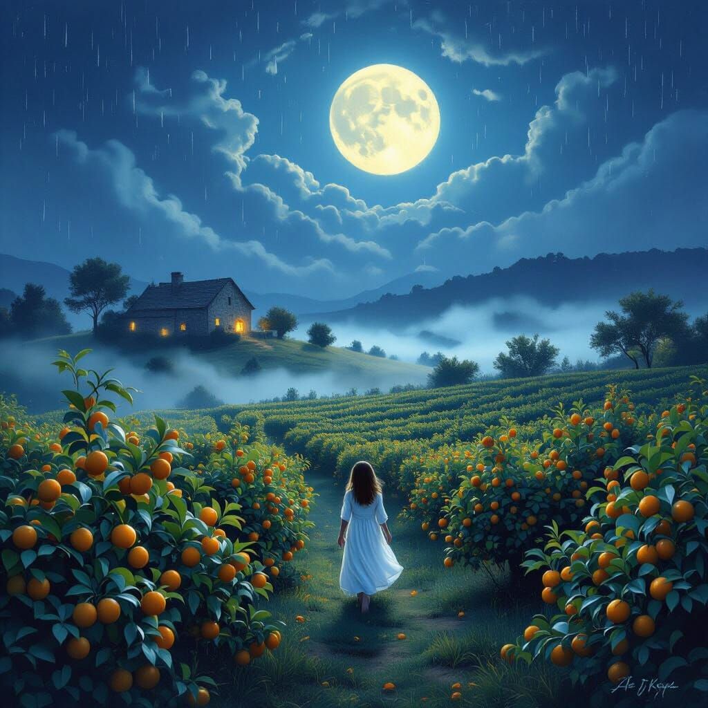 Moonlit Citrus Grove with Fog and Wandering Girl