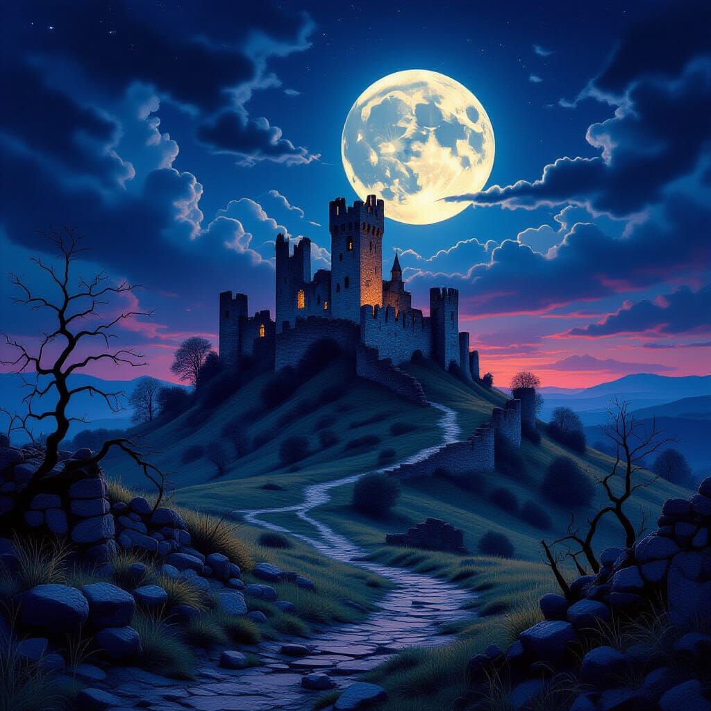 Abandoned Medieval Village With Ruined Castle Under Full Moo...
