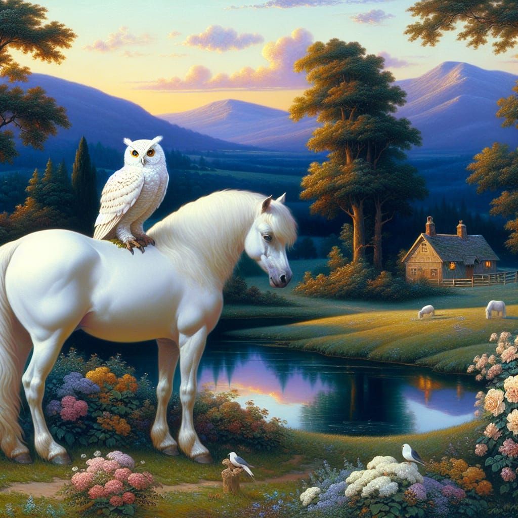 Owl and Pony in Twilight, Pastoral Oil Painting
