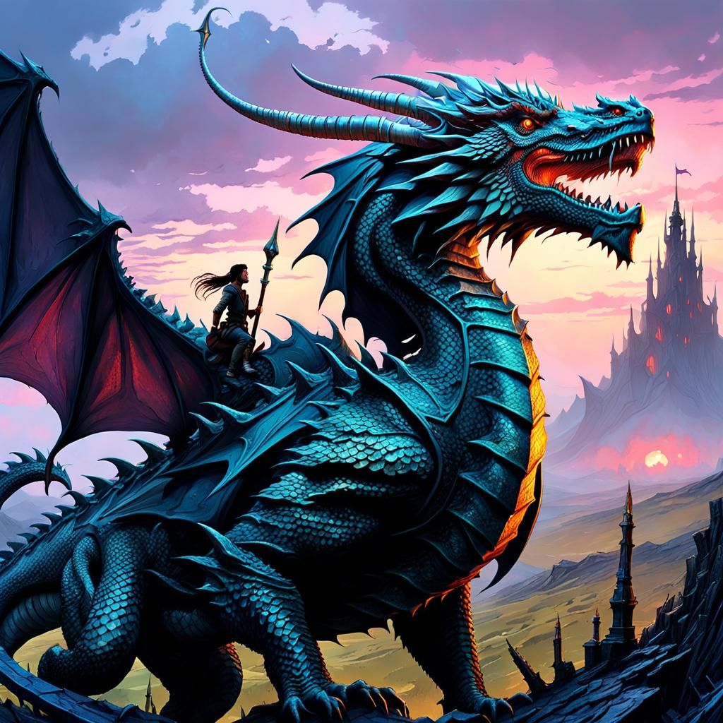 Dragon Rider in Post-Apocalyptic Twilight Landscape