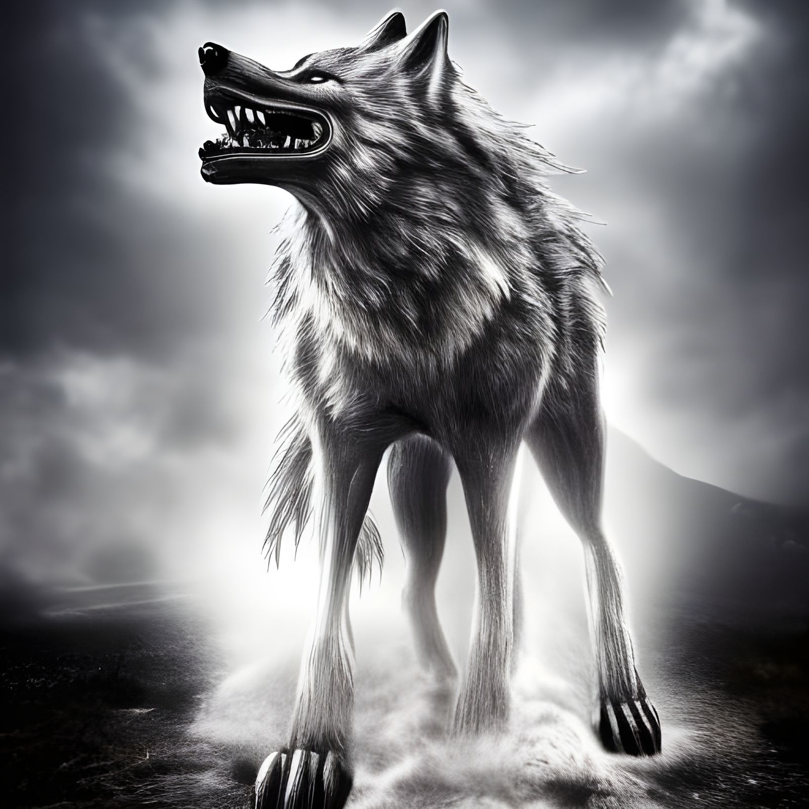Gothic Wolf Emerges from Storm Clouds