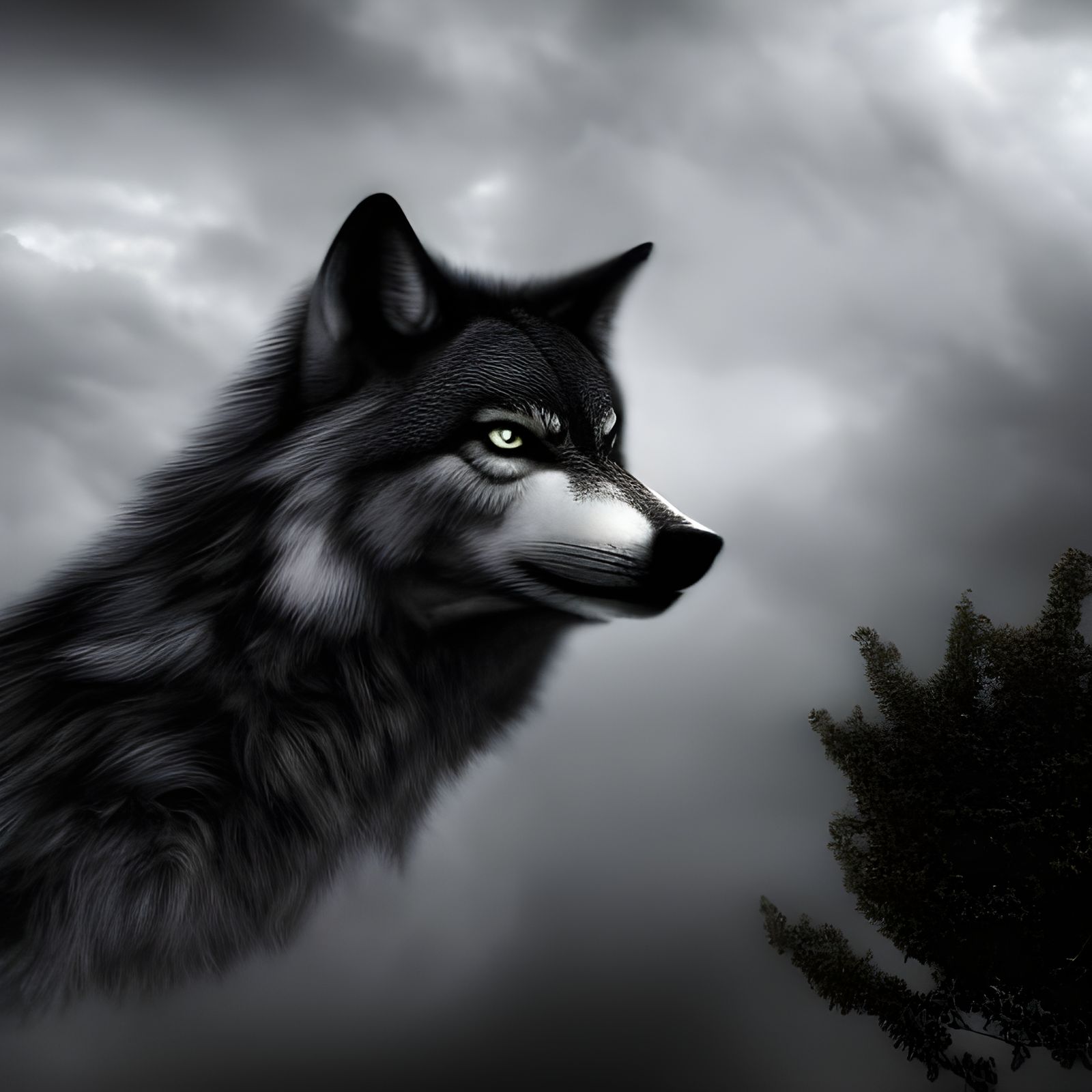Gothic Wolf Emerges from Clouds: Hyperrealistic Image