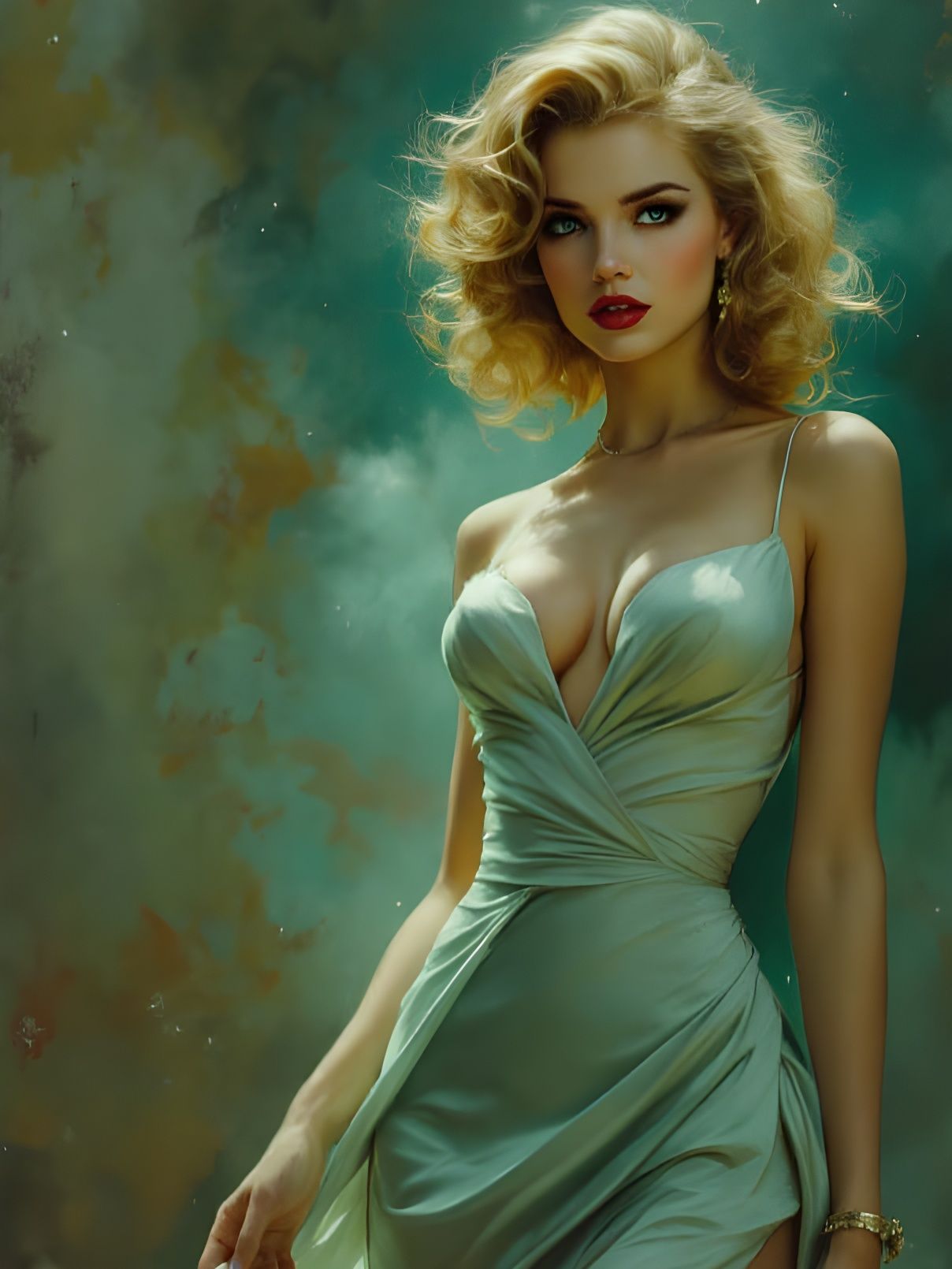 Blonde Pin-Up in Mint Green Dress, Elegant Atmospheric Style