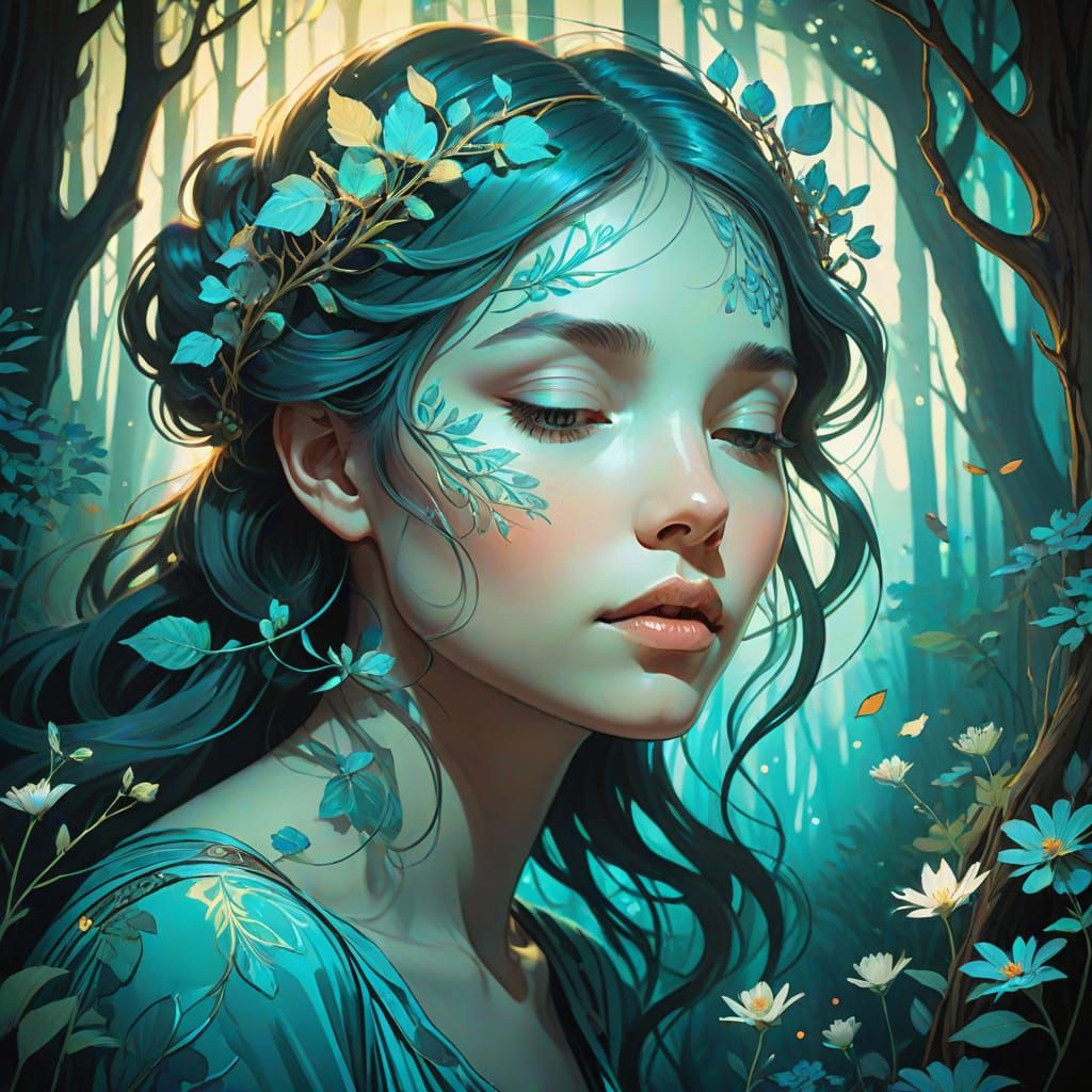 Bioluminescent Forest Merged with Woman's Face