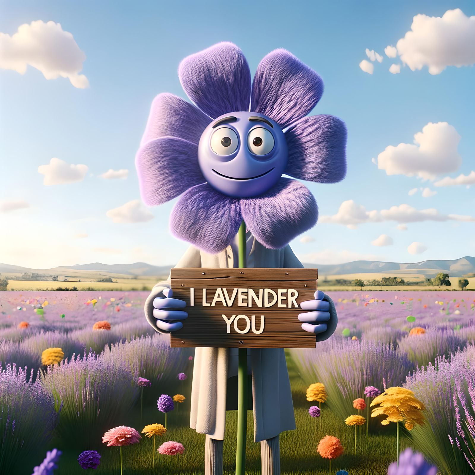 Animated Lavender Flower Holds 'I Lavender You' Sign