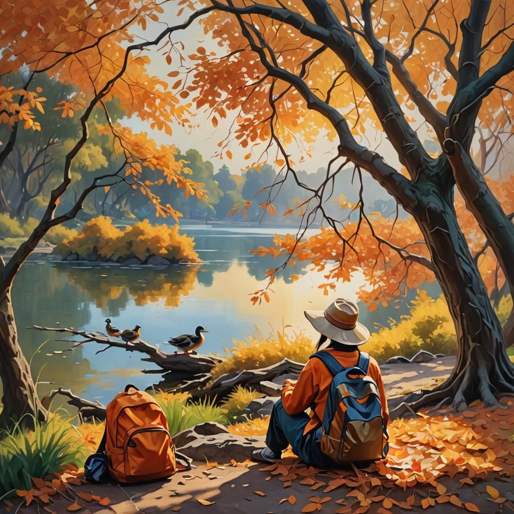 Autumnal Impressionist Painting of Woman Under Tree