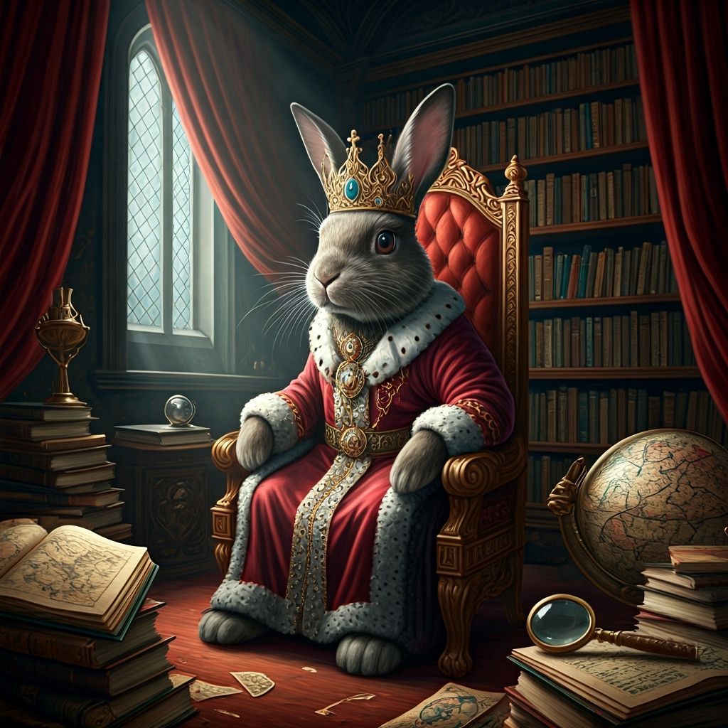 Regal Rabbit King on Throne in Opulent Study