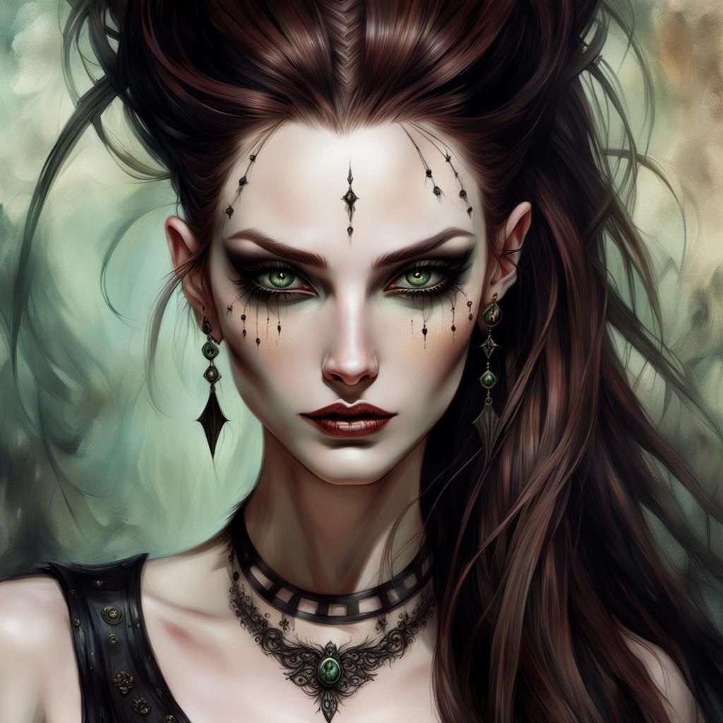 Punk Goth Sorceress Portrait in Digital Art Style