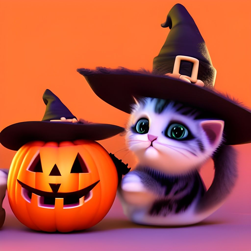 Kittens in Witch Hats: Adorable 3D Halloween Art