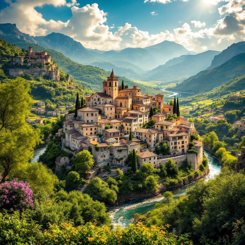 Spanish Village Perched on a Serpentine Riverbank