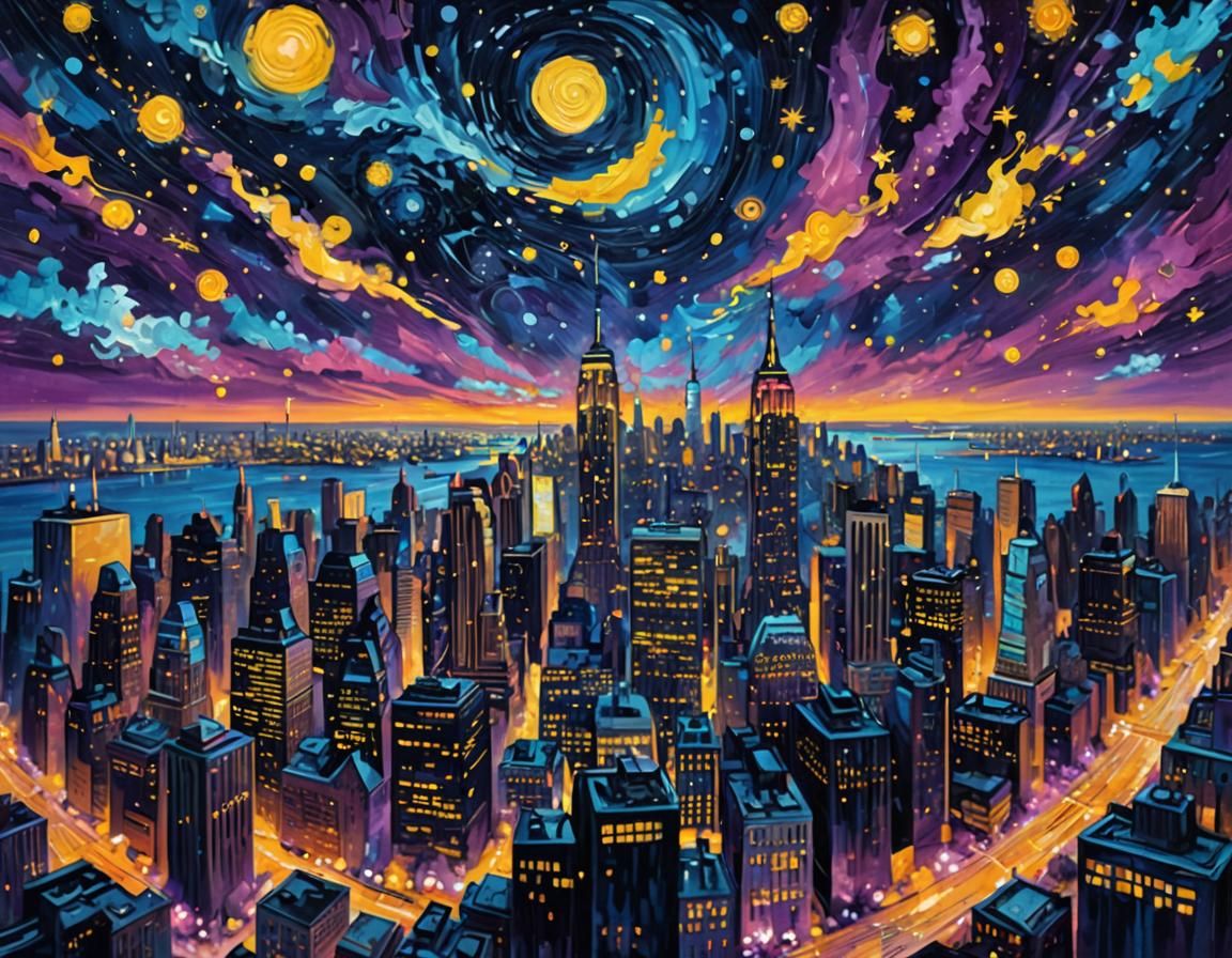 Cosmic New York Skyline in Starry Night Style