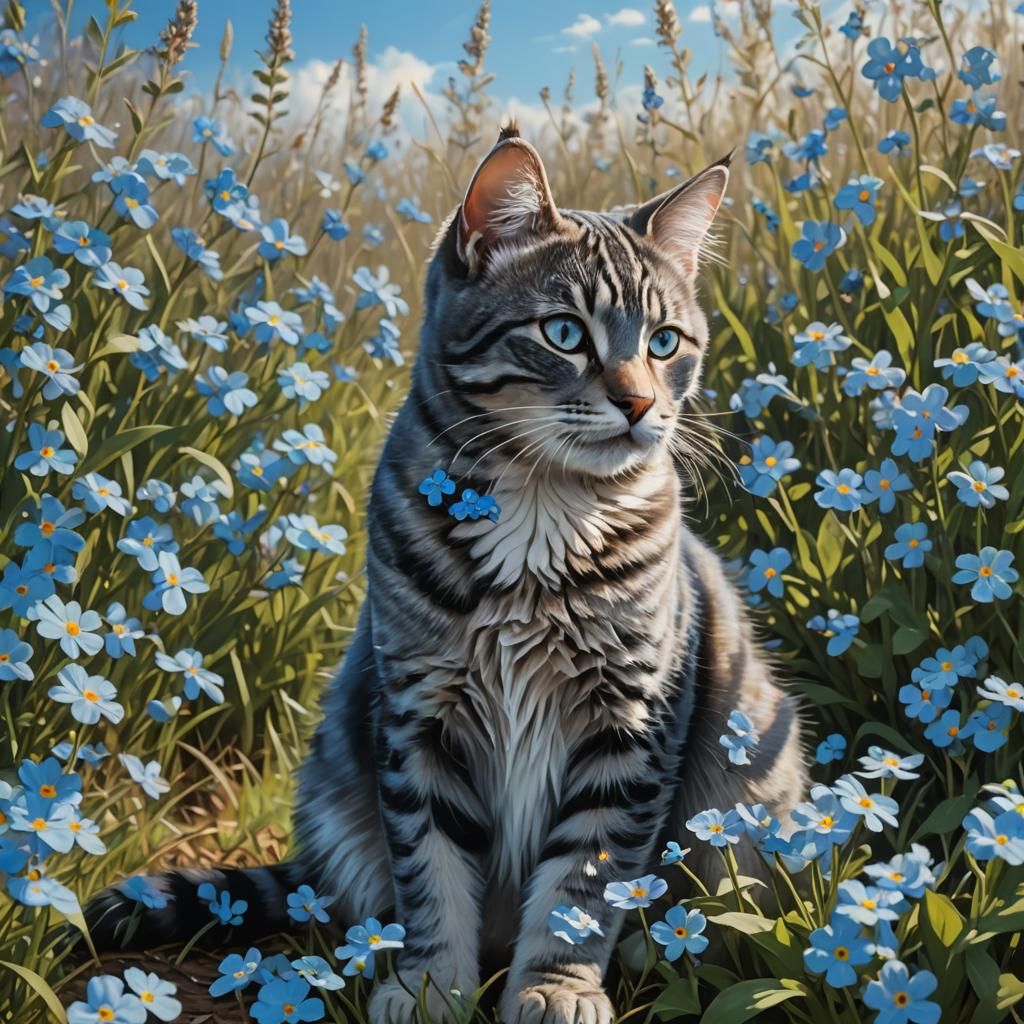 Blue Tabby in Forget-Me-Not Meadow: Hyperrealistic Digital A...