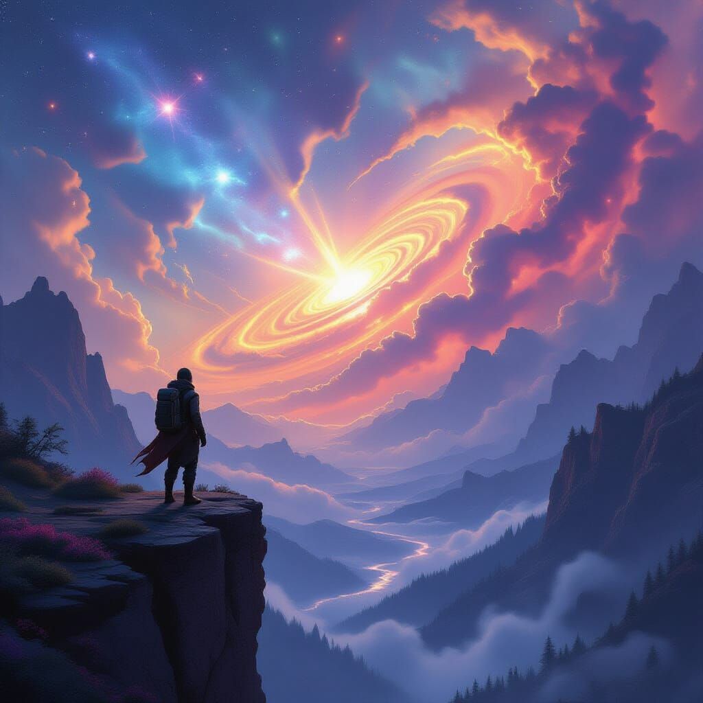 Figure on Cliff Gazing at Cosmic Nebula Above Bioluminescent...