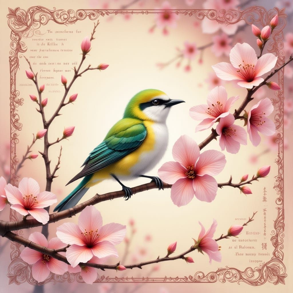 Japanese Bird in Cherry Blossom Paradise