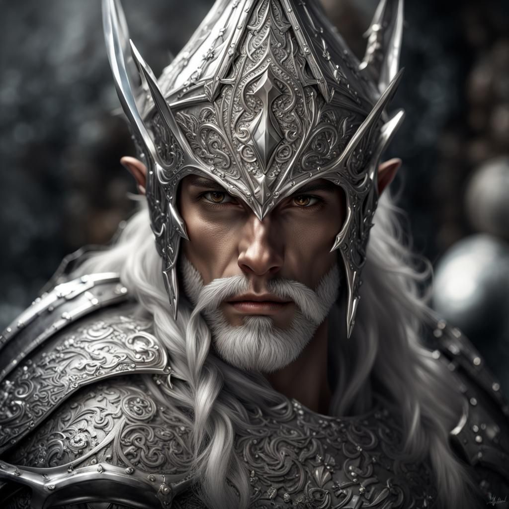 Silver Elf Lord with Diamond Helm, Hyperrealistic