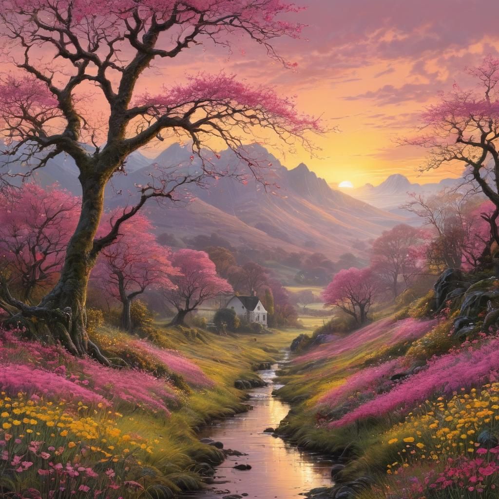 Irish Landscape in Pink and Yellow Light