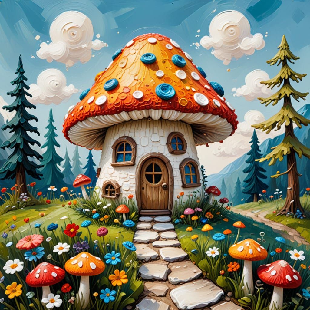 Amigurumi Mushroom House in Neo-Impressionist Style