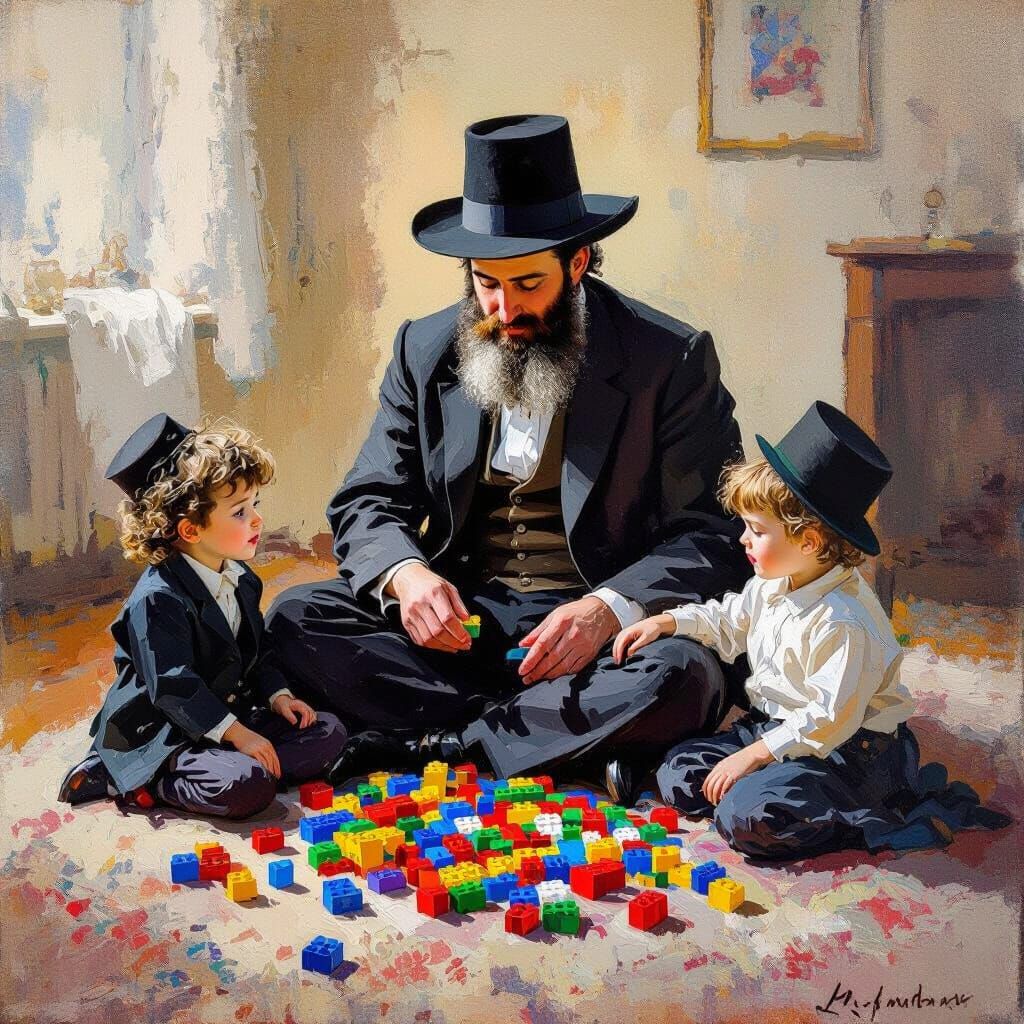 Hassidic Father and Children Playing, Impressionist Oil Pain...