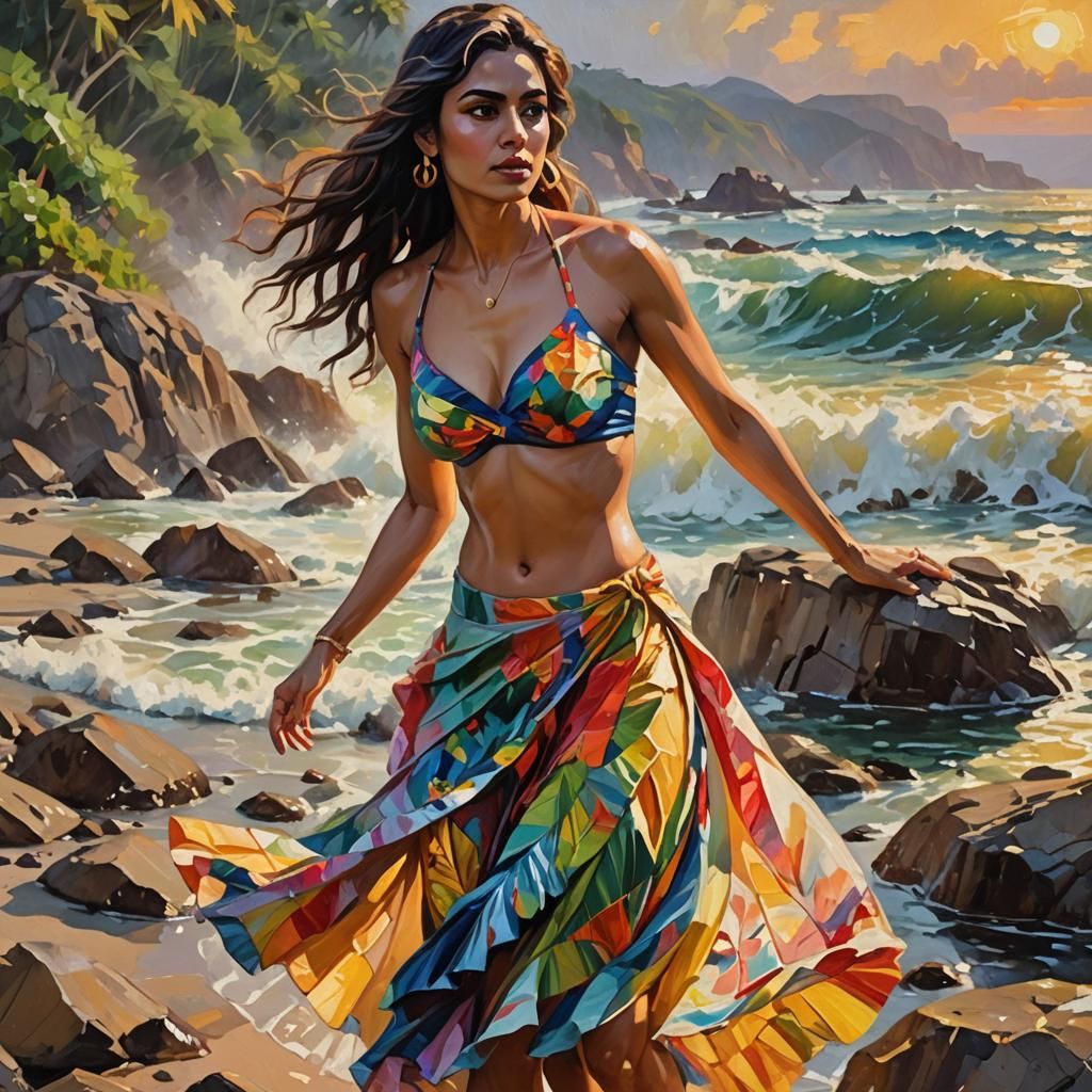 Pakistani Woman on Rocky Shore as Impressionist Oil Painting