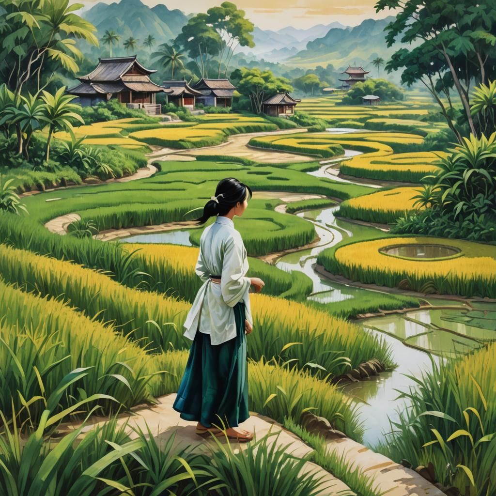 Vietnamese Woman in Rice Paddies, Silk Painting