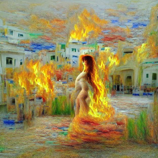Fiery Humanoid Figure in Dramatic Flames