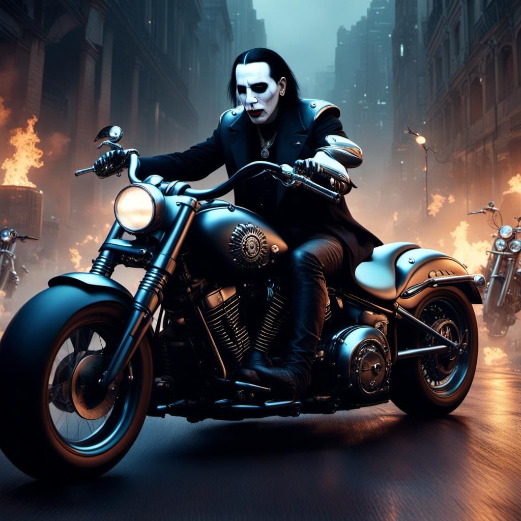 Marilyn Manson riding on a fat boy motorcycle with a scull headlight