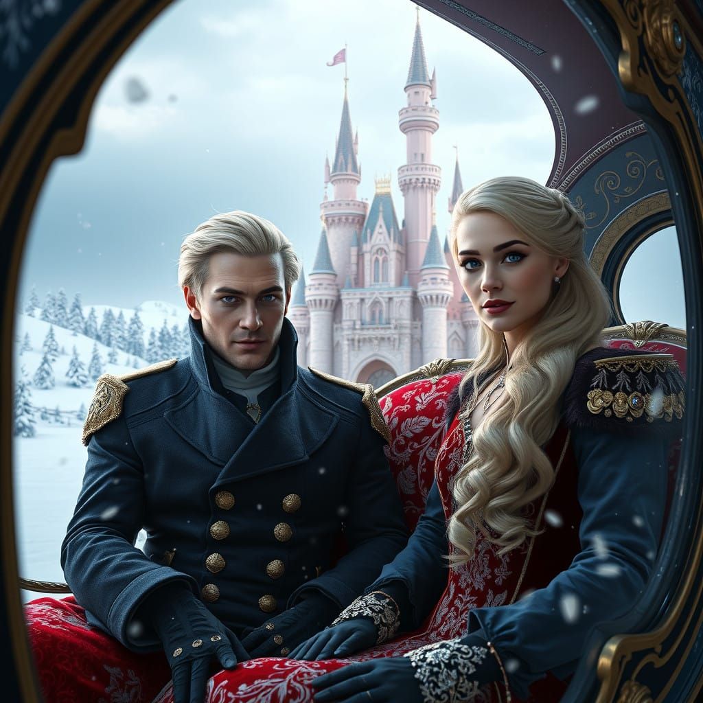 Regal Couple in Glass Stagecoach Under Winter's Chill