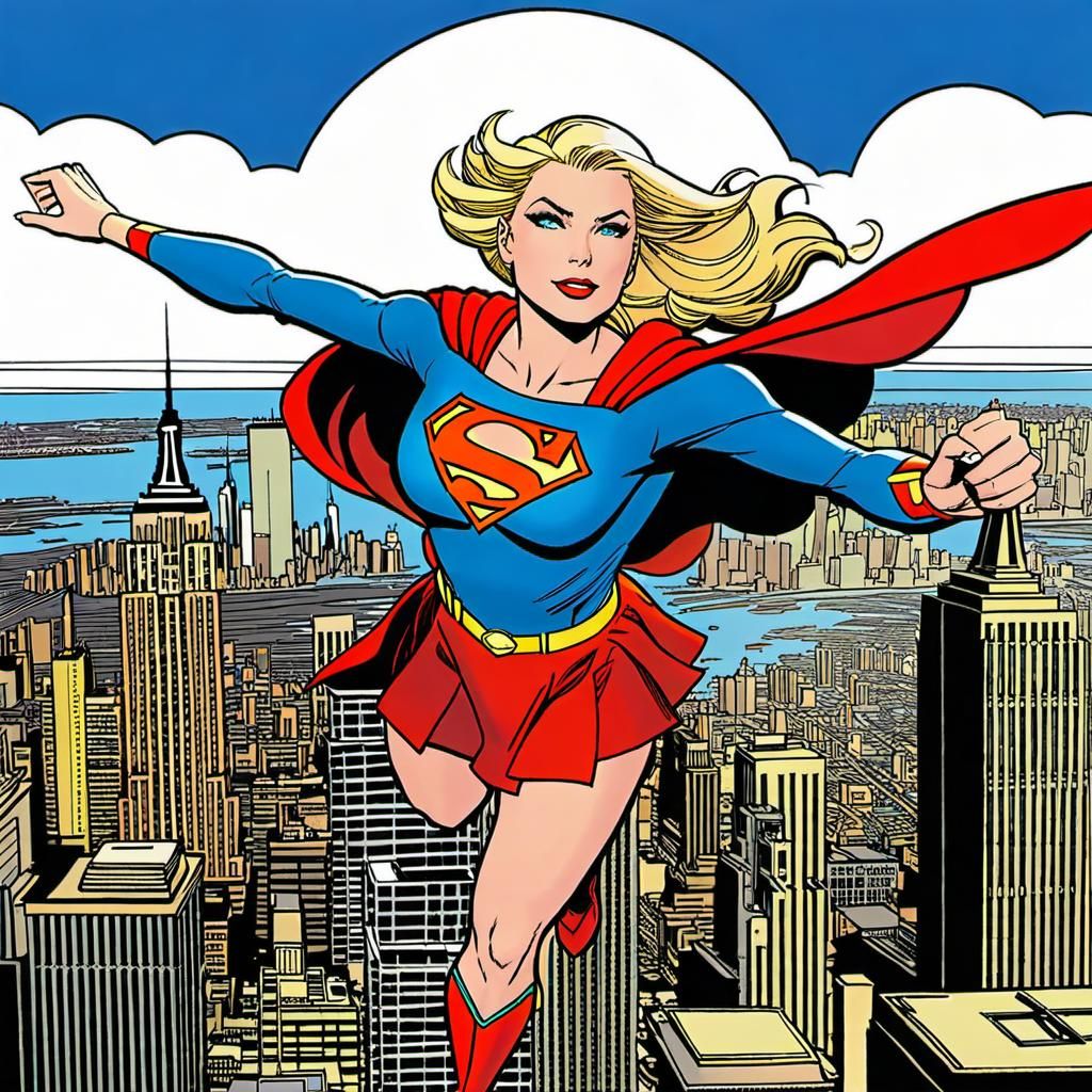 Supergirl Flying Over New York, Comic Book Style
