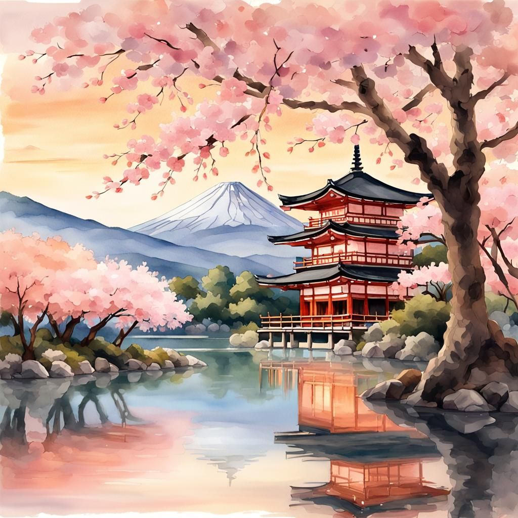Japanese Temple Sunset with Sakura in Watercolor Style