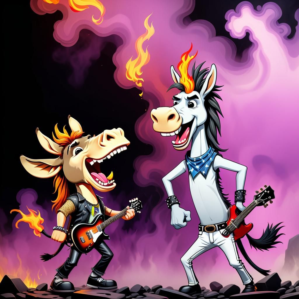 Cartoon Donkey and Horse Metal Rock Stars on Stage