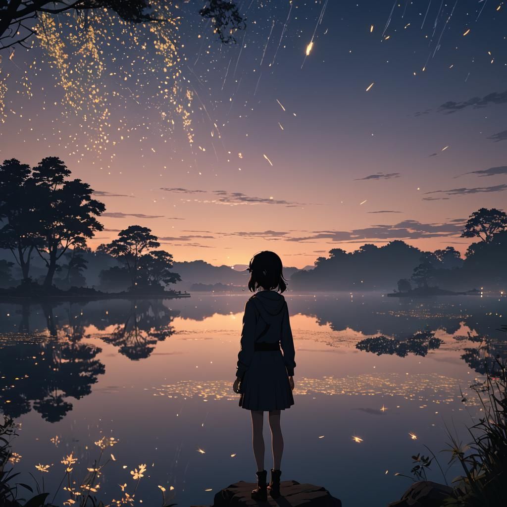 Anime Girl Silhouette at Twilight Lake