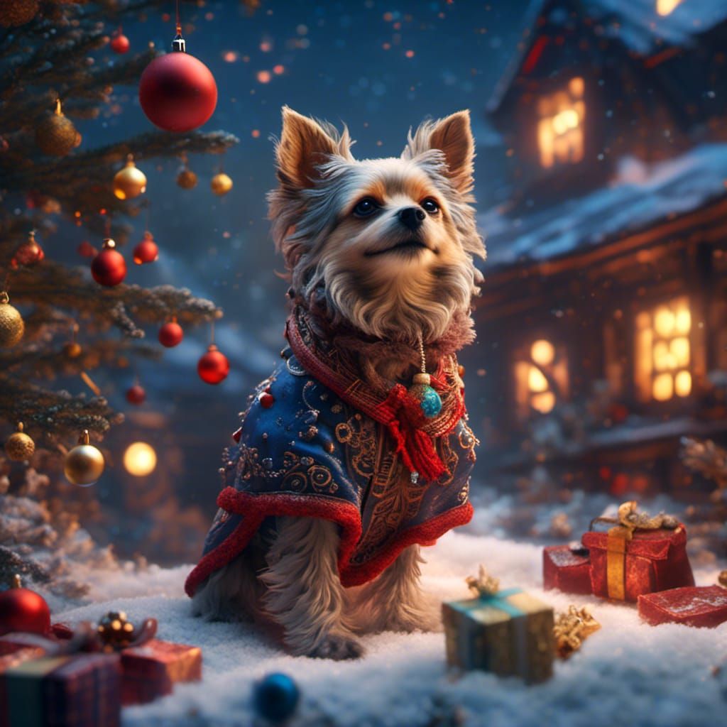 Festive Small Dog in Detailed Matte Painting