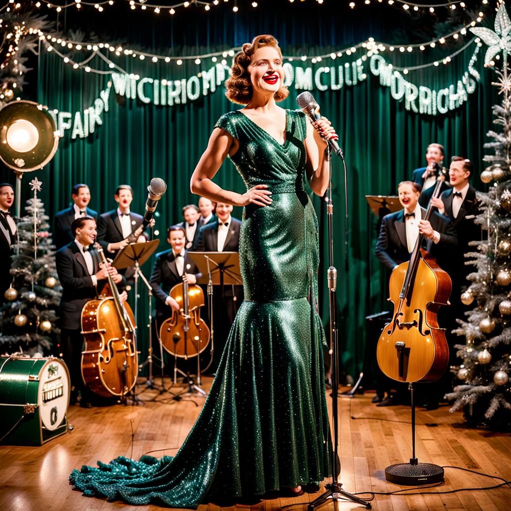 Sophisticated Woman in Hunter Green Evening Gown, Flanked by...