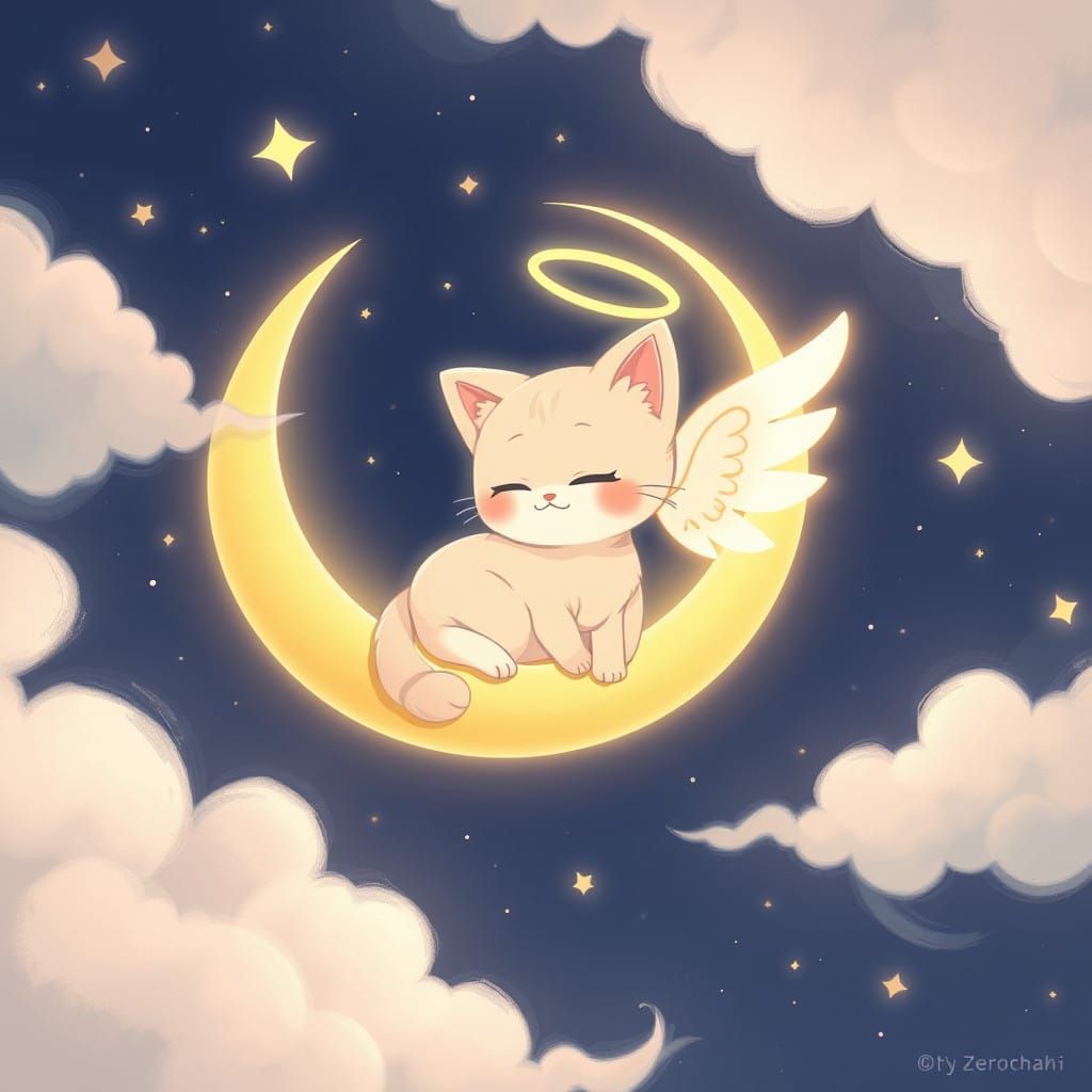 Anime Cat Soars on Crescent Moon