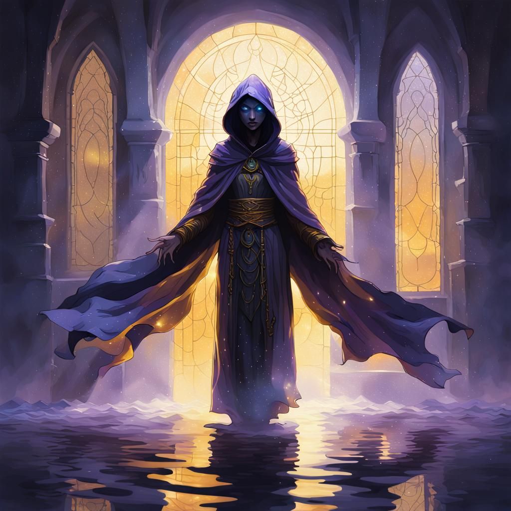 Water Djinn's Reflection: Dark Fantasy Concept Art