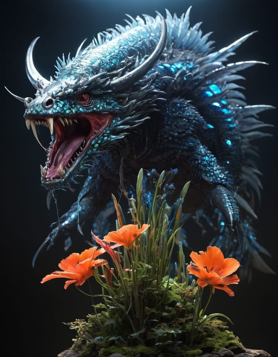 Tentacled Monster with Feathers in Jurassic Landscape