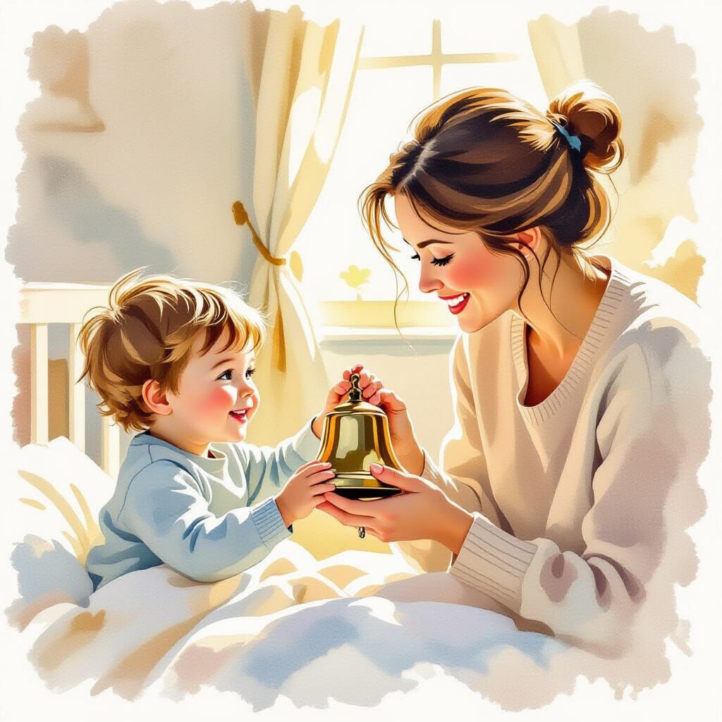 Boy and Bell in Nursery: Watercolor Illustration
