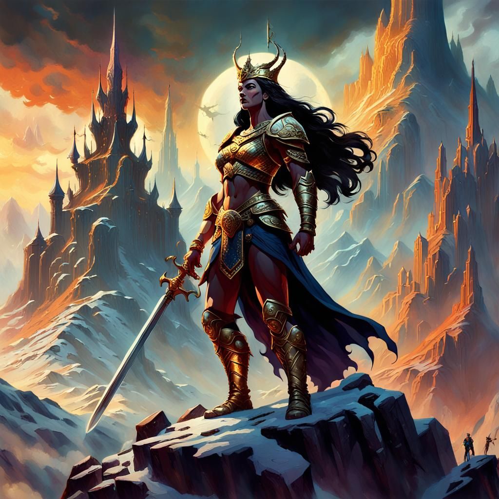 Victorious Warrior Queen in Fantasy Landscape