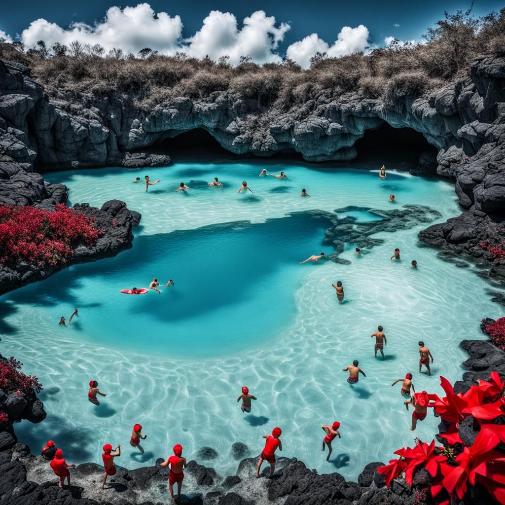 A blue lagoon with toddlers in red swimmers having fun