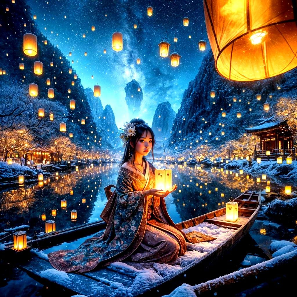 Japanese Woman with Lanterns in Snowy Landscape