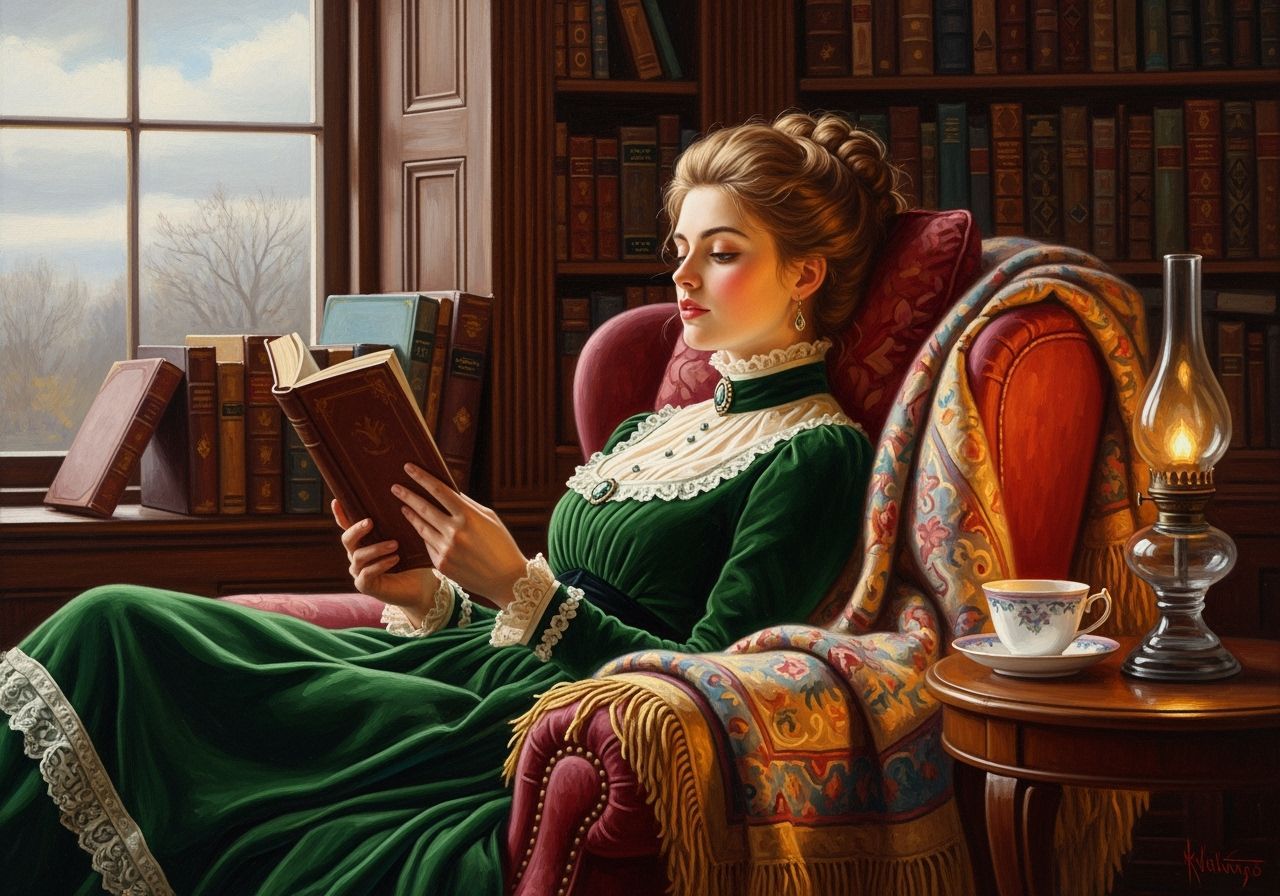 Victorian Woman Reading in Cozy Book Nook, Oil Painting