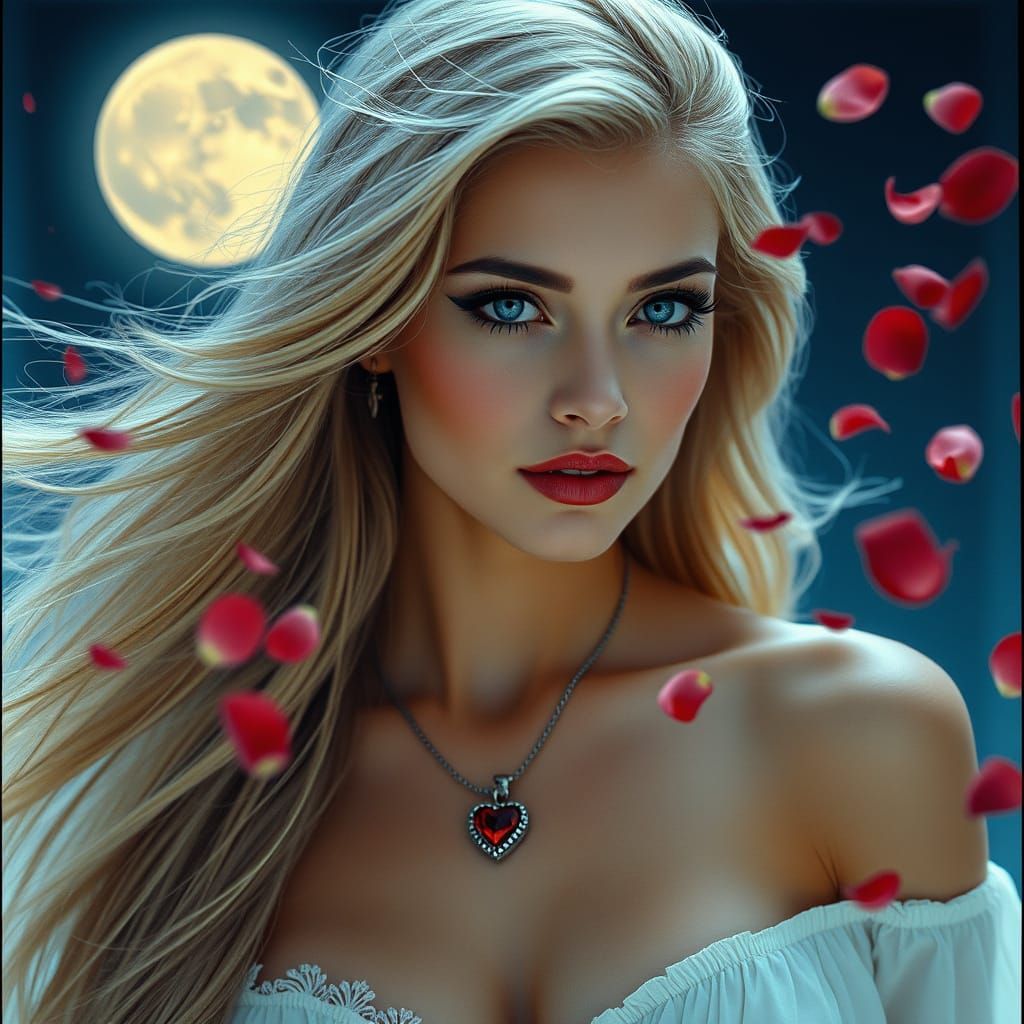 Goddess Portrait with Moon and Rose Petals