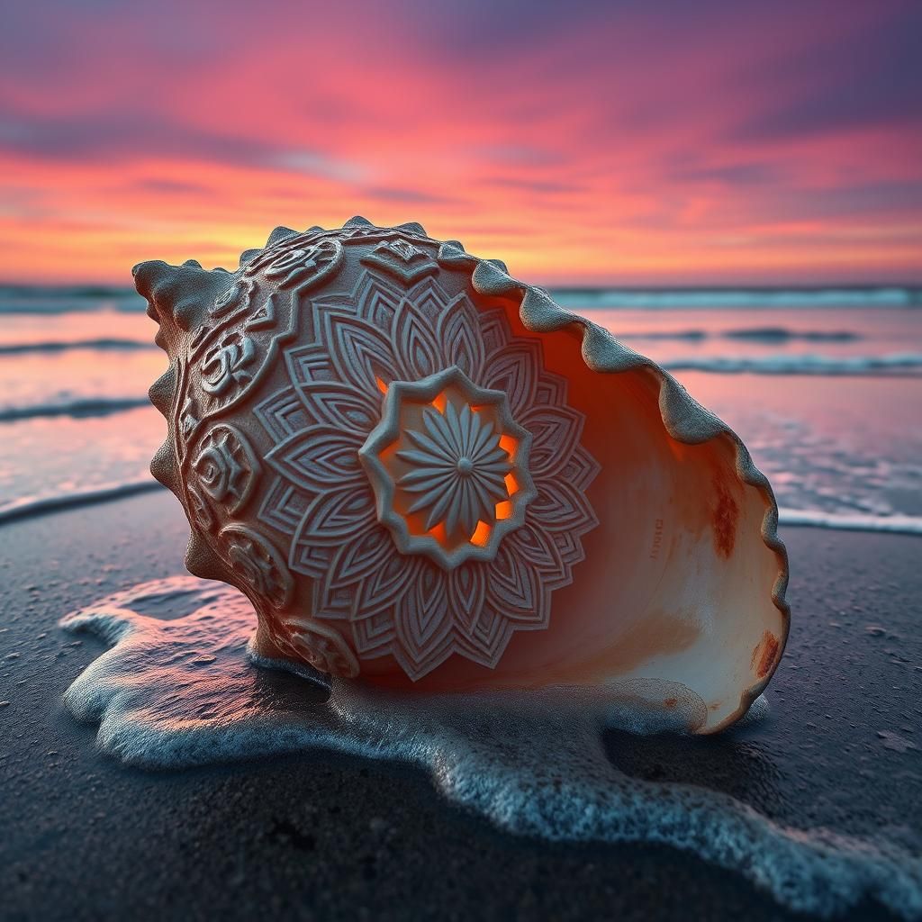 Ornate Seashell Mandala at Sunset in Hyperrealism