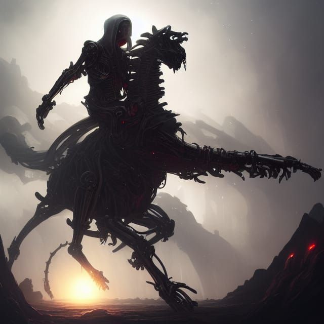Cyborg Alien Rides Skeleton Horse in Dark Fantasy Art