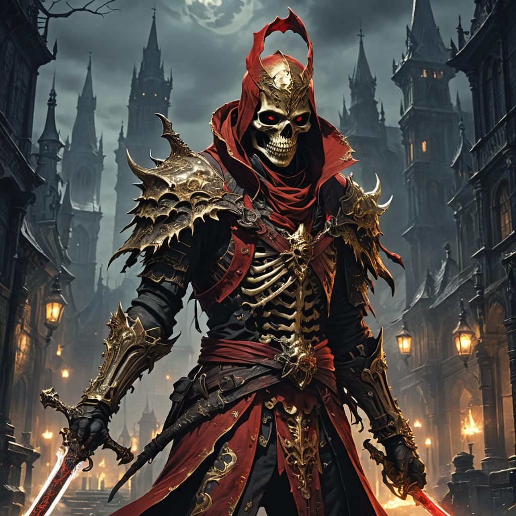 digital art Skeletical sword-mage,  chest, full bones, red a...