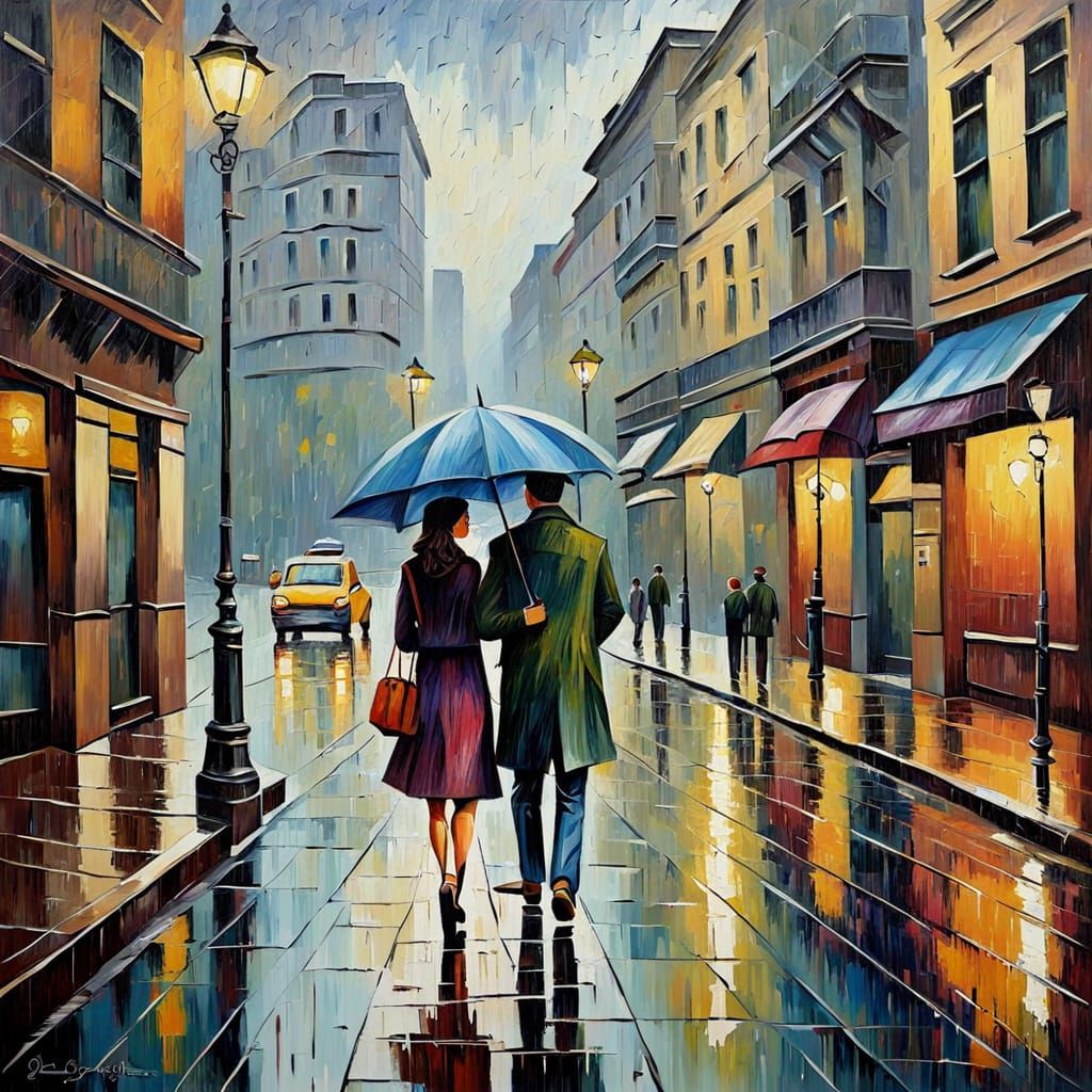 Romantic City Street Scene in a Rainy Melancholy Mood
