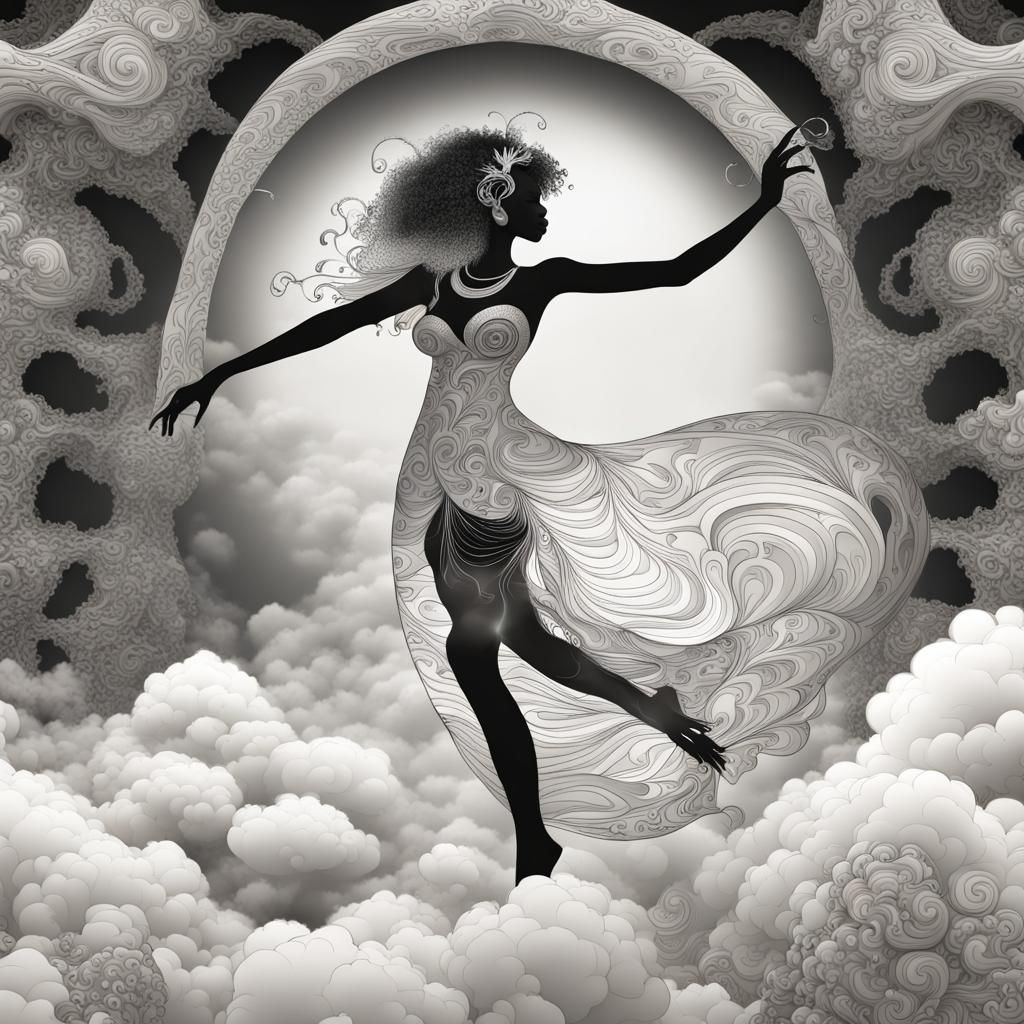 Black Fairy Dancing on Clouds with Castle