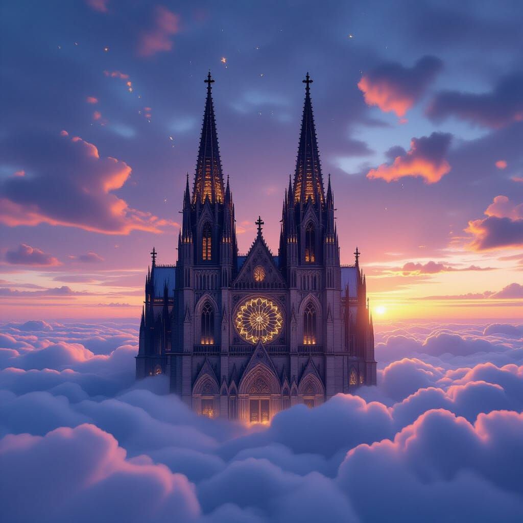 Ethereal Gothic Cathedral Floating Among Clouds